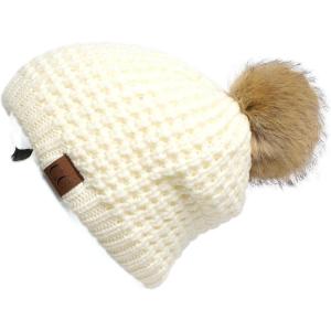 imageCC Hatsandscarf Exclusives Unisex Solid Ribbed Beanie with Pom HAT43A Waffle Stitch Patternivory