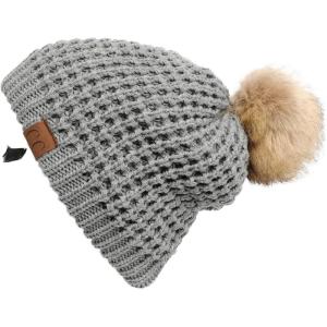 imageCC Hatsandscarf Exclusives Unisex Solid Ribbed Beanie with Pom HAT43A Waffle Stitch Patternlt Mel Grey