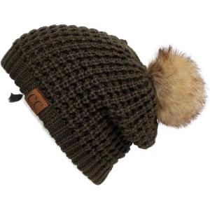 imageCC Hatsandscarf Exclusives Unisex Solid Ribbed Beanie with Pom HAT43A Waffle Stitch Patternmoss