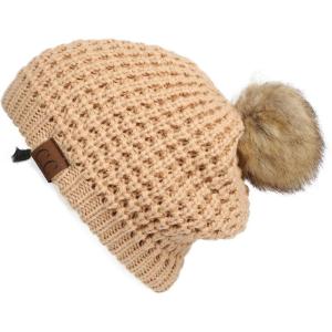 imageCC Hatsandscarf Exclusives Unisex Solid Ribbed Beanie with Pom HAT43A Waffle Stitch Patternpeanut