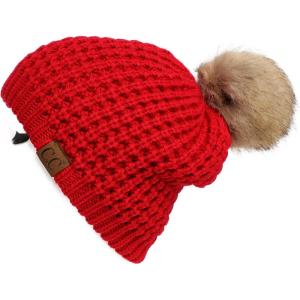 imageCC Hatsandscarf Exclusives Unisex Solid Ribbed Beanie with Pom HAT43A Waffle Stitch Patternred
