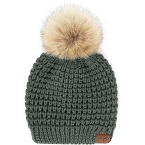 imageCC Hatsandscarf Exclusives Unisex Solid Ribbed Beanie with Pom HAT43A Waffle Stitch Patternteal Grey