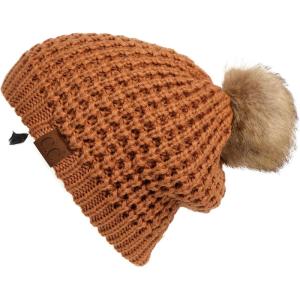 imageCC Hatsandscarf Exclusives Unisex Solid Ribbed Beanie with Pom HAT43A Waffle Stitch Patterntoast Almond