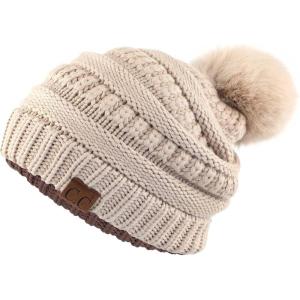 imageCC Hatsandscarf Exclusives Unisex Solid Ribbed Beanie with Pom HAT43Abeige