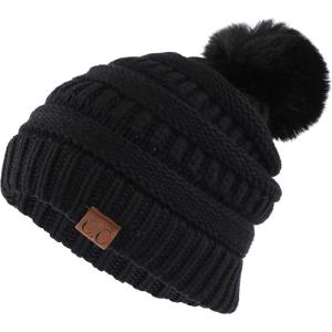 imageCC Hatsandscarf Exclusives Unisex Solid Ribbed Beanie with Pom HAT43Ablack