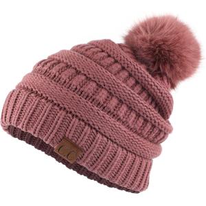imageCC Hatsandscarf Exclusives Unisex Solid Ribbed Beanie with Pom HAT43Adk Rose