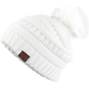 imageCC Hatsandscarf Exclusives Unisex Solid Ribbed Beanie with Pom HAT43Aivory
