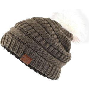 imageCC Hatsandscarf Exclusives Unisex Solid Ribbed Beanie with Pom HAT43Amilitary OlivWhit