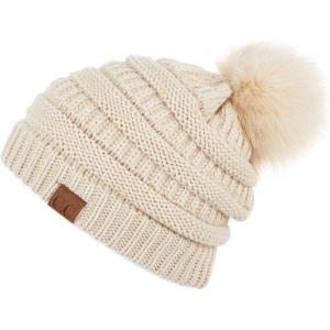 imageCC Hatsandscarf Exclusives Unisex Solid Ribbed Beanie with Pom HAT43Beige Pom