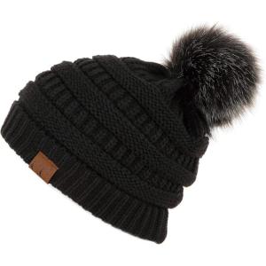 imageCC Hatsandscarf Exclusives Unisex Solid Ribbed Beanie with Pom HAT43Black  Grey Pom