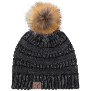imageCC Hatsandscarf Exclusives Unisex Solid Ribbed Beanie with Pom HAT43Black Metallic