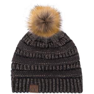 imageCC Hatsandscarf Exclusives Unisex Solid Ribbed Beanie with Pom HAT43Brown Metallic