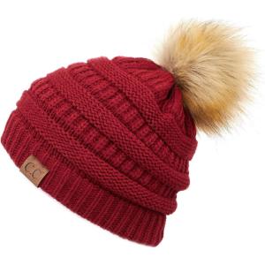 imageCC Hatsandscarf Exclusives Unisex Solid Ribbed Beanie with Pom HAT43Burgundy