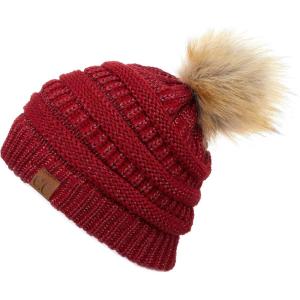 imageCC Hatsandscarf Exclusives Unisex Solid Ribbed Beanie with Pom HAT43Burgundy Metallic