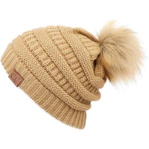 imageCC Hatsandscarf Exclusives Unisex Solid Ribbed Beanie with Pom HAT43Camel Amazon