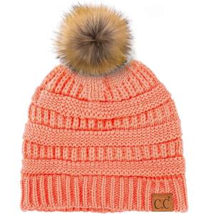 imageCC Hatsandscarf Exclusives Unisex Solid Ribbed Beanie with Pom HAT43Coral