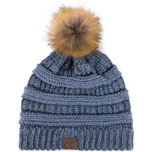 imageCC Hatsandscarf Exclusives Unisex Solid Ribbed Beanie with Pom HAT43Dark Denim Metallic