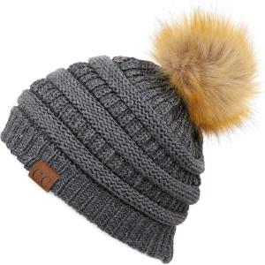 imageCC Hatsandscarf Exclusives Unisex Solid Ribbed Beanie with Pom HAT43Dark Melange Grey Metallic