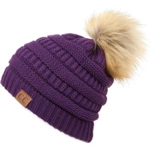 imageCC Hatsandscarf Exclusives Unisex Solid Ribbed Beanie with Pom HAT43Dark Purple