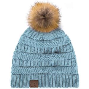 imageCC Hatsandscarf Exclusives Unisex Solid Ribbed Beanie with Pom HAT43Denim