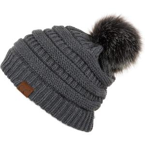 imageCC Hatsandscarf Exclusives Unisex Solid Ribbed Beanie with Pom HAT43Dk Mel Grey
