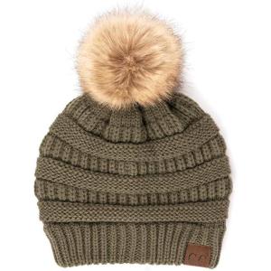 imageCC Hatsandscarf Exclusives Unisex Solid Ribbed Beanie with Pom HAT43Earth Grey