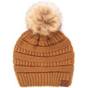 imageCC Hatsandscarf Exclusives Unisex Solid Ribbed Beanie with Pom HAT43Golden Walnut