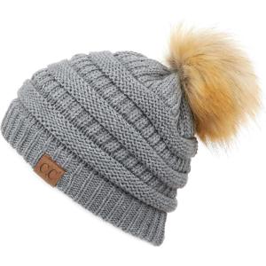 imageCC Hatsandscarf Exclusives Unisex Solid Ribbed Beanie with Pom HAT43Grey