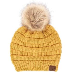 imageCC Hatsandscarf Exclusives Unisex Solid Ribbed Beanie with Pom HAT43Honey Mustard