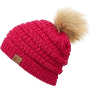 imageCC Hatsandscarf Exclusives Unisex Solid Ribbed Beanie with Pom HAT43Hot Pink