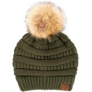 imageCC Hatsandscarf Exclusives Unisex Solid Ribbed Beanie with Pom HAT43Moss