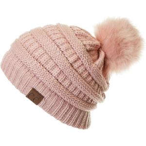 imageCC Hatsandscarf Exclusives Unisex Solid Ribbed Beanie with Pom HAT43Pink