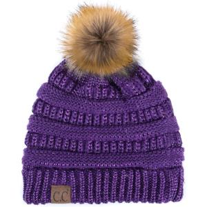 imageCC Hatsandscarf Exclusives Unisex Solid Ribbed Beanie with Pom HAT43Purple Metallic