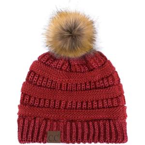 imageCC Hatsandscarf Exclusives Unisex Solid Ribbed Beanie with Pom HAT43Red Metallic