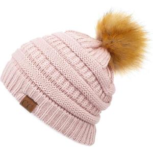 imageCC Hatsandscarf Exclusives Unisex Solid Ribbed Beanie with Pom HAT43Rose