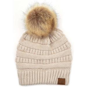 imageCC Hatsandscarf Exclusives Unisex Solid Ribbed Beanie with Pom HAT43Softbeige Mix