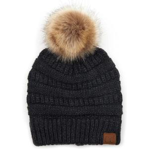 imageCC Hatsandscarf Exclusives Unisex Solid Ribbed Beanie with Pom HAT43SoftbkGrey Mix