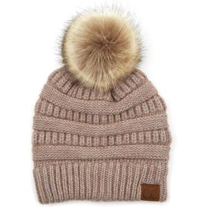 imageCC Hatsandscarf Exclusives Unisex Solid Ribbed Beanie with Pom HAT43Softlt Taupe Mix