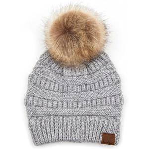 imageCC Hatsandscarf Exclusives Unisex Solid Ribbed Beanie with Pom HAT43Softltgrey Mix