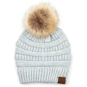 imageCC Hatsandscarf Exclusives Unisex Solid Ribbed Beanie with Pom HAT43Softpastel Blue Mix
