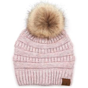 imageCC Hatsandscarf Exclusives Unisex Solid Ribbed Beanie with Pom HAT43Softrose Mix