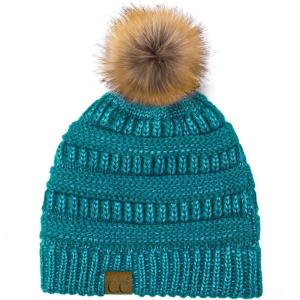 imageCC Hatsandscarf Exclusives Unisex Solid Ribbed Beanie with Pom HAT43Teal Metallic