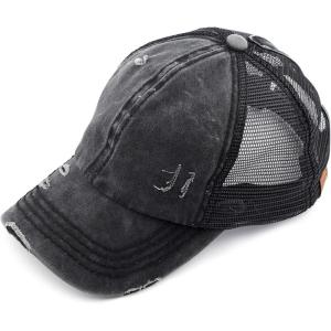 imageCC Hatsandscarf Exclusives Washed Distressed Cotton Denim Ponytail Hat Adjustable Baseball Cap BT12 BT13All Black