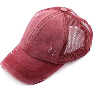 imageCC Hatsandscarf Exclusives Washed Distressed Cotton Denim Ponytail Hat Adjustable Baseball Cap BT12 BT13All Burgundy