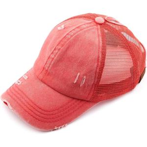 imageCC Hatsandscarf Exclusives Washed Distressed Cotton Denim Ponytail Hat Adjustable Baseball Cap BT12 BT13All Coral