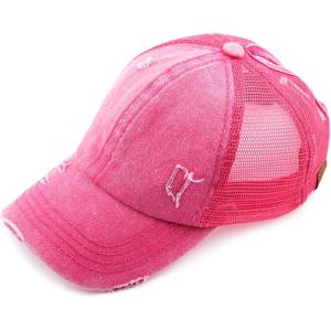 imageCC Hatsandscarf Exclusives Washed Distressed Cotton Denim Ponytail Hat Adjustable Baseball Cap BT12 BT13All Hot Pink