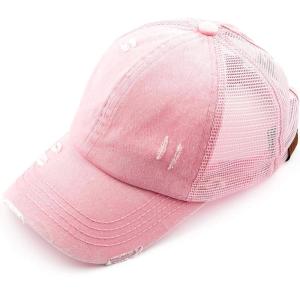 imageCC Hatsandscarf Exclusives Washed Distressed Cotton Denim Ponytail Hat Adjustable Baseball Cap BT12 BT13All Lt Pink