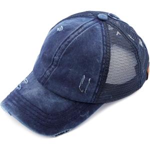 imageCC Hatsandscarf Exclusives Washed Distressed Cotton Denim Ponytail Hat Adjustable Baseball Cap BT12 BT13All Navy