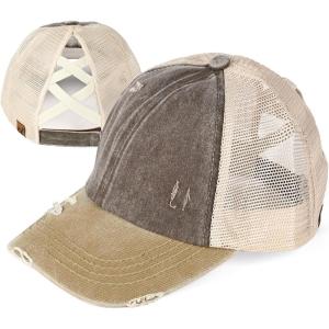 imageCC Hatsandscarf Exclusives Washed Distressed Cotton Denim Ponytail Hat Adjustable Baseball Cap BT12 BT13BrownDkcamel