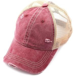 imageCC Hatsandscarf Exclusives Washed Distressed Cotton Denim Ponytail Hat Adjustable Baseball Cap BT12 BT13Burgundy